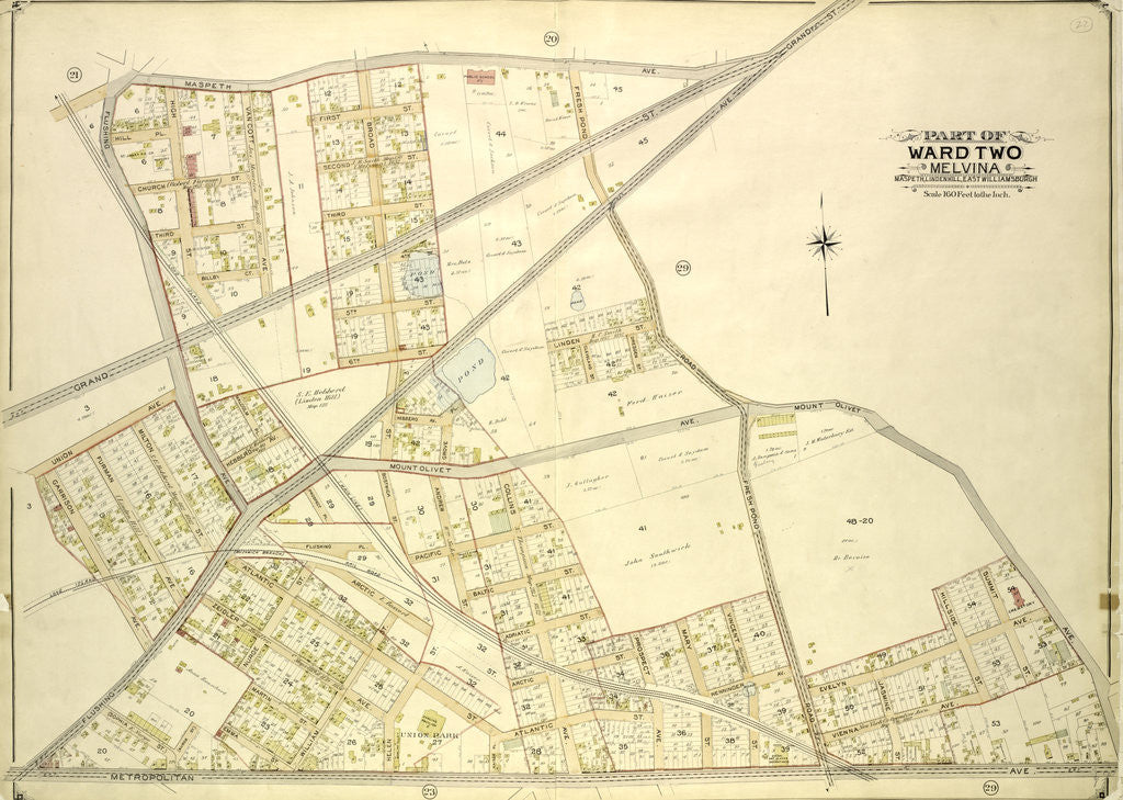Detail of Map bounded by Maspeth Ave., Grand St., FlushingAve., Fresh Pond Road; Including Mount Olivet Ave., Metropolitan Ave., Garrison A., New York by Anonymous