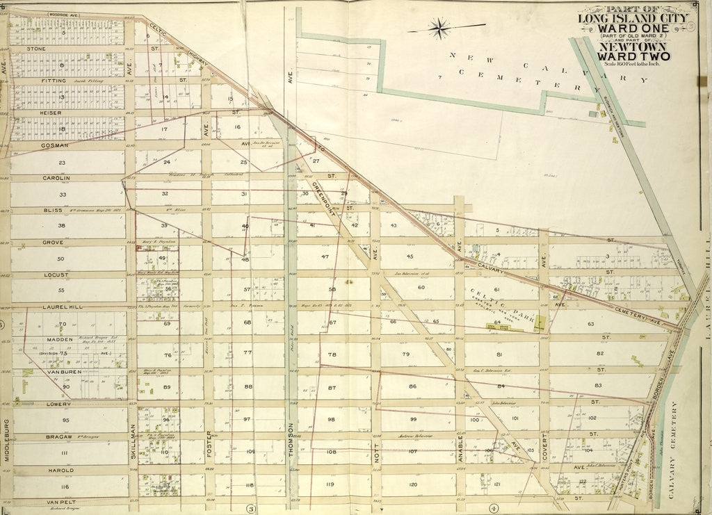 Detail of Map bounded by Woodside Ave., Celtic Ave. Highway to Calvary Cemetery, Hunters Point Ave; Including Borden Ave., New York by Anonymous