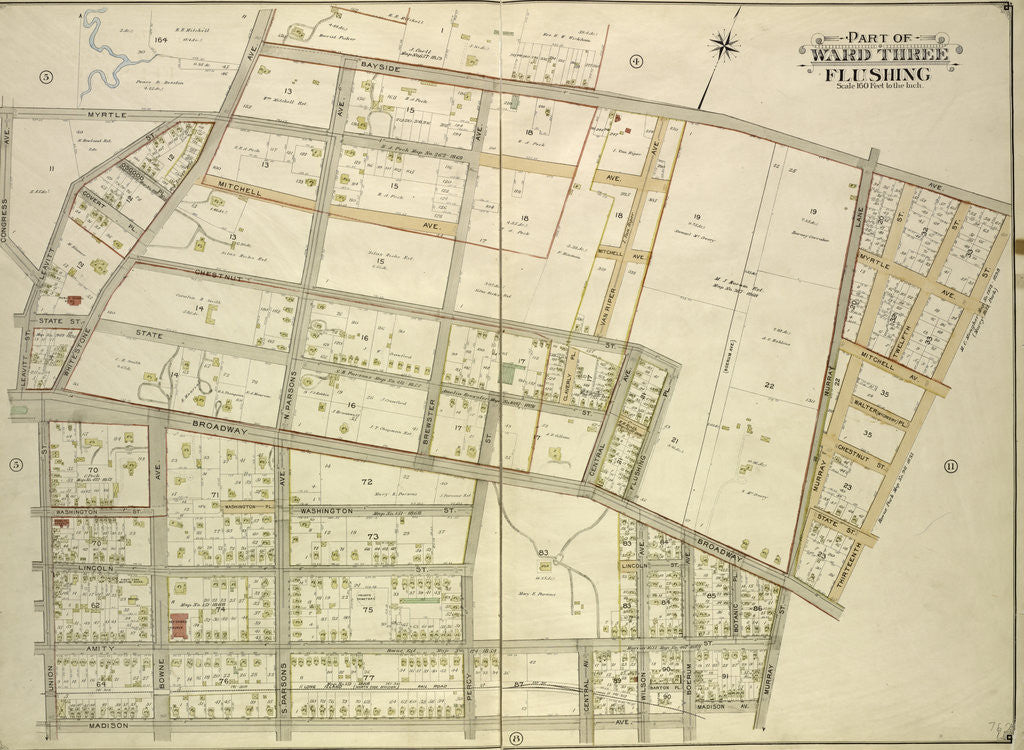 Detail of Map bounded by Congress Ave., Myrtle Ave., Bayside Ave., Whitestone Ave., S. Parsons Ave., N. Parsons Ave., Bowne Ave., Brewster Ave., Claverly Pl., Vanriper Ave., New York by Anonymous