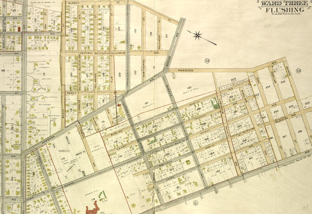 Detail of Map bounded by Madison Ave., Bowne Ave., Parsons Ave., Central Ave., Wilson Ave., Boerum Ave., Sanford Ave., Franklyn Ave., Cypress Ave., Jamaica Ave., Forest Ave., Burling, New York by Anonymous