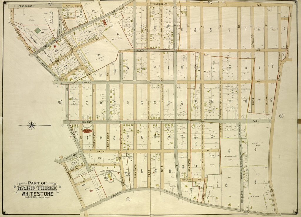 Detail of Map bounded by 14th Ave., Haggertys Lane, 11th Ave., Clinton Pl., Cryders Lane, 10th Ave., 9th Ave., 8th Ave., 7th Ave., 5th Ave., 4th Ave., Tatham Pl., Private, Howl., New York by Anonymous