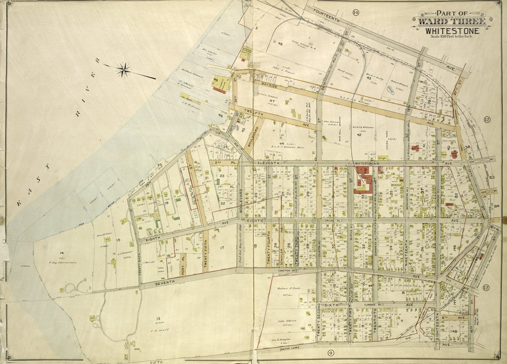 Detail of Map bounded by 14th Ave., Bayside Ave., 12th Ave., 8th Ave., Irving PL., 11th Ave., Whitestone Ave., 2nd PL., Boulevard, Post PL., Schuyler Ave., 7th Ave., Croton Ave., New York by Anonymous