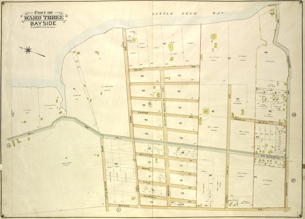 Detail of Map bounded by Bell Ave., Little Bayside Road, Shore Ave., Kneeland Ave., Bayside Ave., Bradish Ave., Nicoll Ave., Vista Ave., Cracheron Ave., Waldo Ave., Castor Ave., Fran., New York by Anonymous