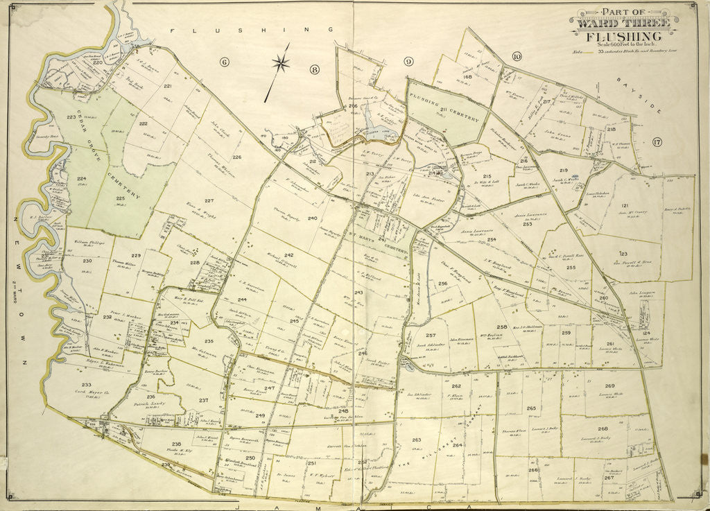 Detail of Map bounded by Strongs Causeway Ireland, Mill Road, North Hempstead Turnpike, Crop Road, Union Ave., Hoffman Ave., Boundary Line of Flushing, Jamaica, New York by Anonymous