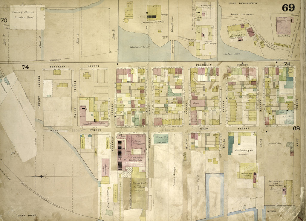 Detail of Map bounded by Bell St., Pink St., Blue St., Bay St., Maspeth Ave., East Williamsburgh, Newtown Creek, Franklyn St., Kent St; Including East River Dupont St., Eagle St., Freeman St., New York by Anonymous