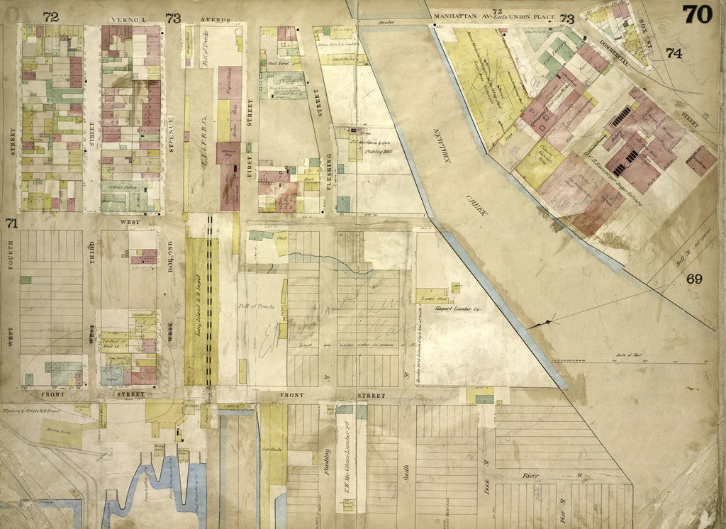 Detail of Map bounded by Vernol Ave., Manhattan Ave. late Union Ave., Commercial St., Box St., Bell St. Not Opened, Newtown Creek, River St; Including Pier St., Dock St., South St., Flushing St., Front St., New York by Anonymous