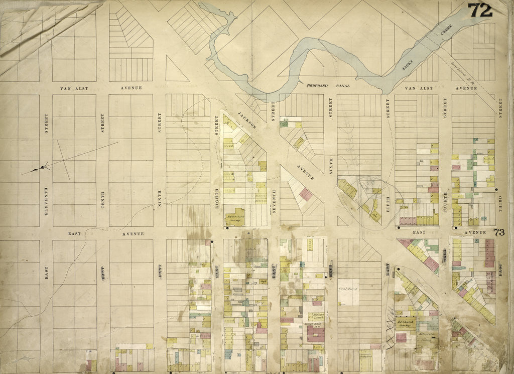 Detail of Map bounded by Jacks Creek, East 3rd St., Vernon Ave., East 11th St., East 10th St., East 9th St., East 8th St., East 7th St., East 6th St., East 5th St., East 4th St; Including East Ave., Van Alst., New York by Anonymous