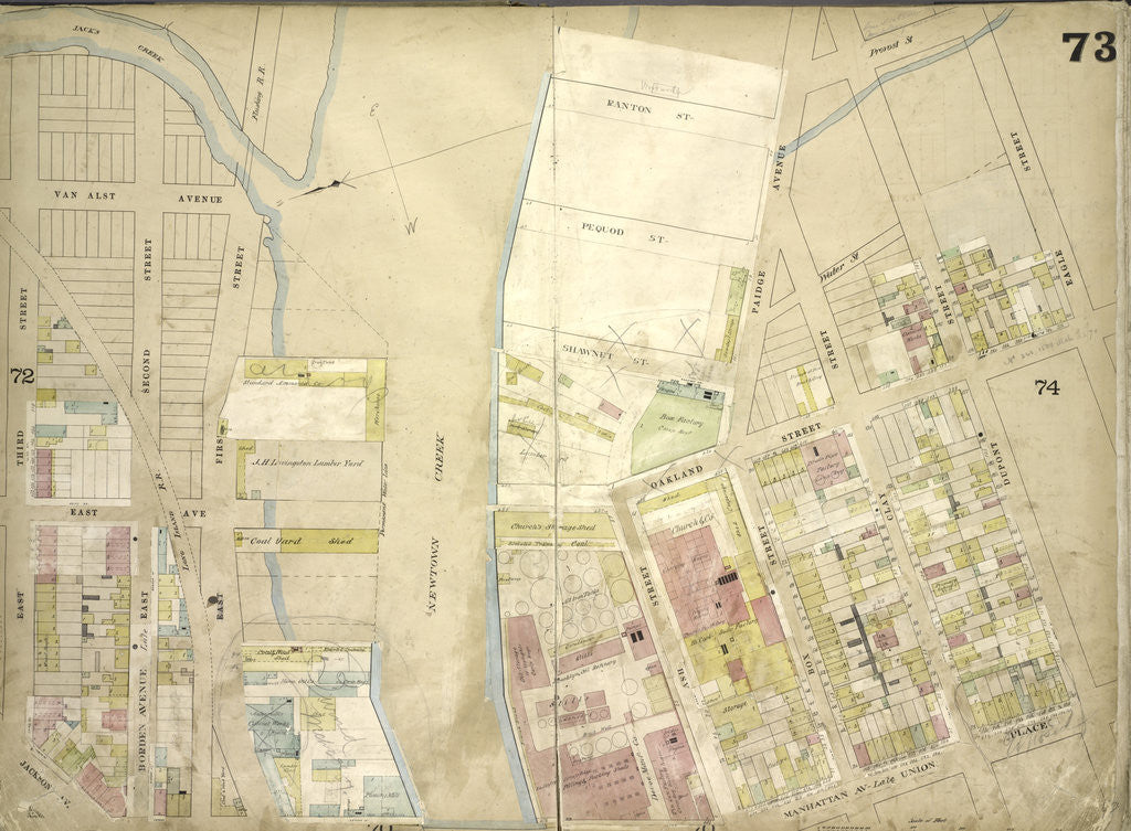 Detail of Map bounded by Jacks Creek, Ranton St., Pequod St., Shawnet St., Paidge Ave., Prorost St., Eagle St., Du Pont St., Clay St., Box St; Including Manhattan Ave. Late Union Place, Ash St., Oakland, New York by Anonymous