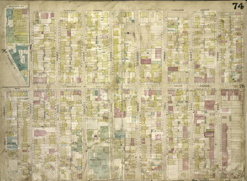 Detail of Map bounded by Manhattan Ave. Late Union Place, Commercial St., Oakland St., Greenpoint St., Franklin St., Clay St., Dupoint St; Including Eagle St., Freeman St., Green St., Huron St., New York by Anonymous