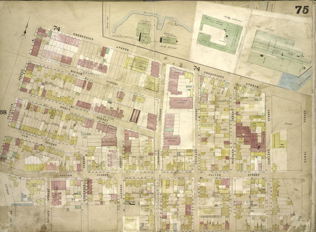 Detail of Map bounded by Meeker Ave., Scott Ave., Newtown Creek, Newel St., Meserole Ave., Franklin St., Greenpoint Ave., Milton St., Noble St; Including Oak St., Calyer St., Dobbin St., Guernsey St., Lori., New York by Anonymous