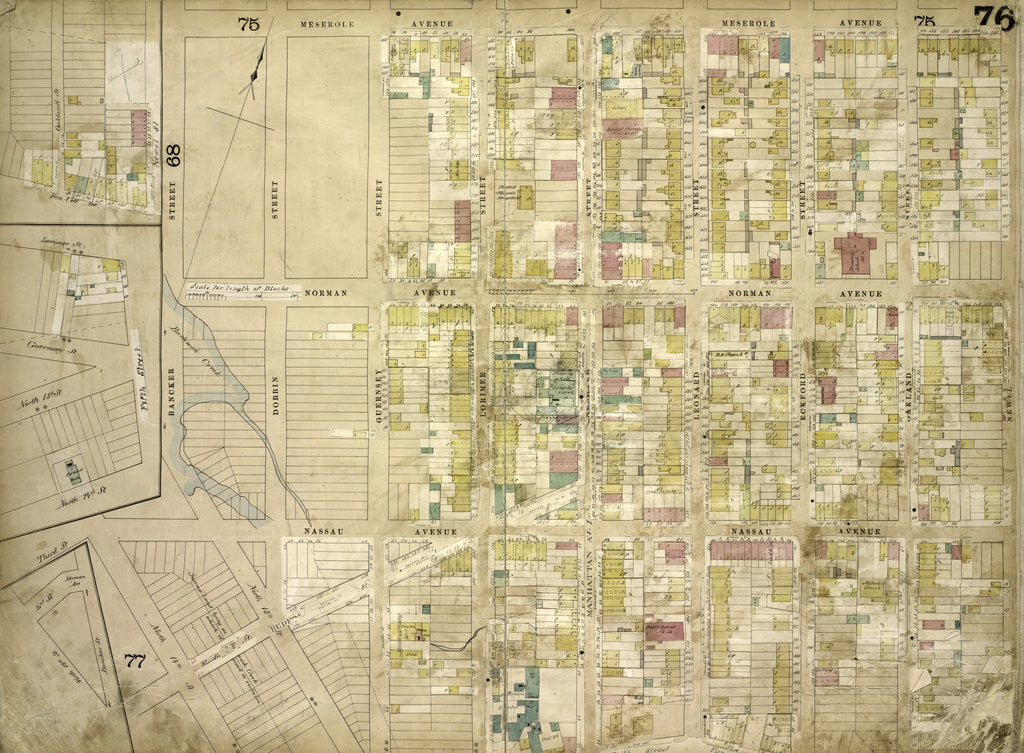 Detail of Map bounded by North 14th St., North 15th St., 5th St., Guernsey St., Lorimer St., Van Cott Ave., Oakland St., Newel St., Bancker St., Meserole Ave; Including Banker St., 2nd St., Norman Ave., New York by Anonymous