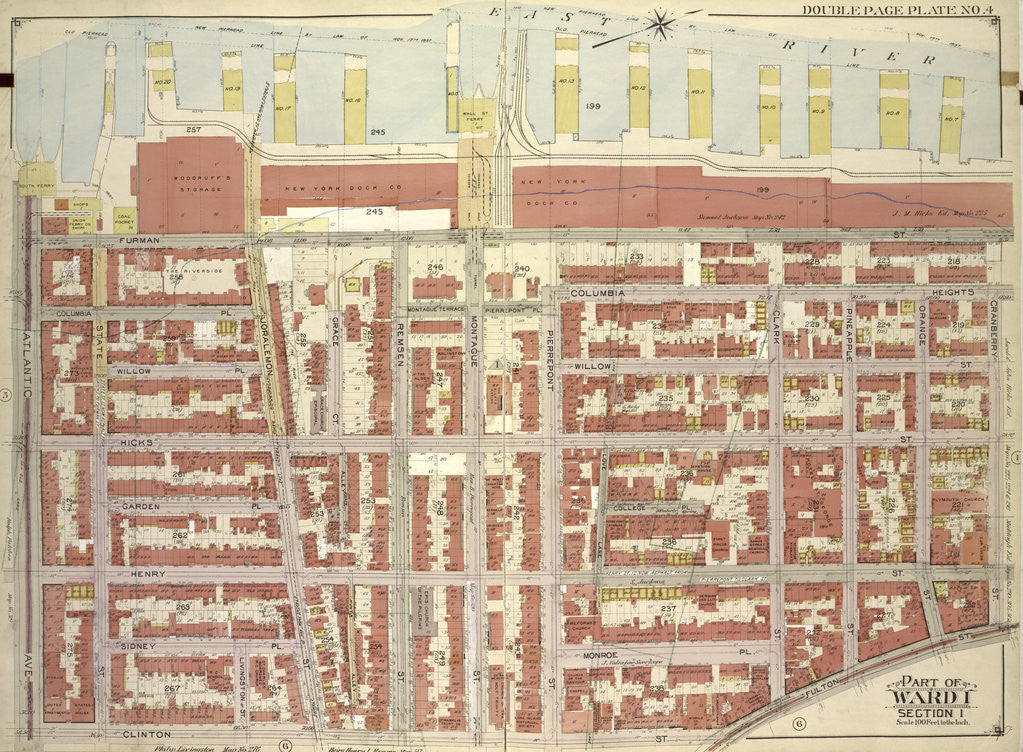 Detail of Map bounded by Atlantic Ave., Furman St., Columbia Heights; IncludingCranberry St., Fulton St., Clinton St., New York by Anonymous