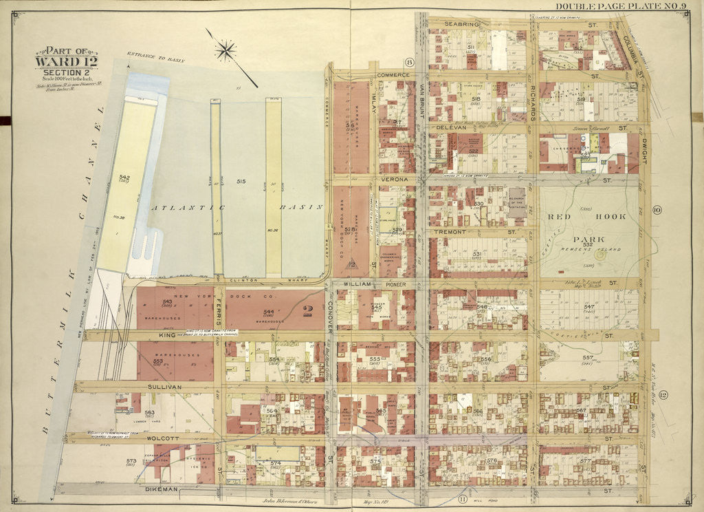 Detail of Map bounded by Commerce St., Seabring St., Columbia St., Dwight St., Dkeman St; IncludingWolcott St., Sullivan St., King St., Clinton Wharf, Commerce St., New York by Anonymous