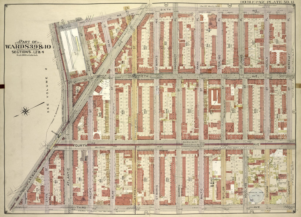Detail of Map bounded by 6th Ave., Berkeley PL., Sackett St; Including3rd Ave., Flatbush Ave, Atlantic Ave., New York by Anonymous