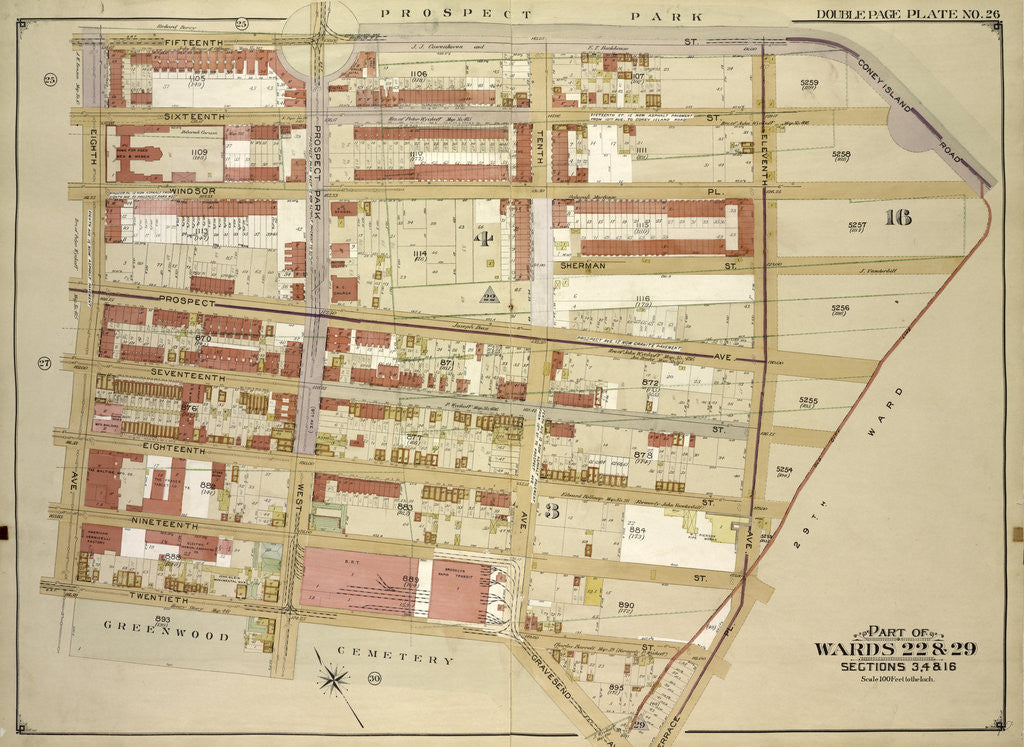Detail of Map bounded by 15th St., Coney Island Road, Old City Line, 11th Ave; IncludingTerrace PL., Gravesend Ave., 12th St., 8th Ave., New York by Anonymous