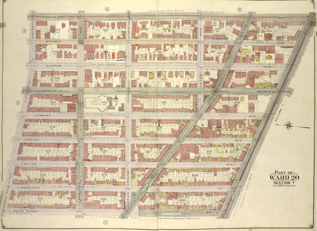 Detail of Map bounded by Washington Ave., Atlantic Ave; Including South Oxford St., De Kalb Ave., New York by Anonymous