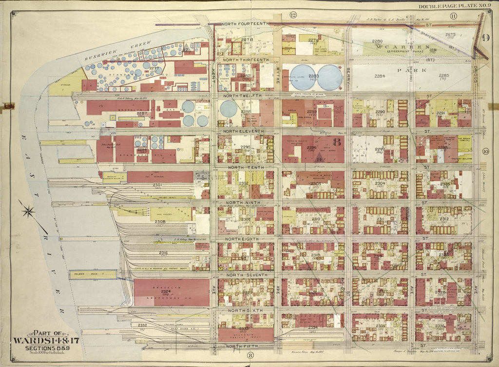 Detail of Map bounded by North Fourteenth St., Driggs Ave., North Fifth St., Including East River, Bushwick Greek, New York by Anonymous