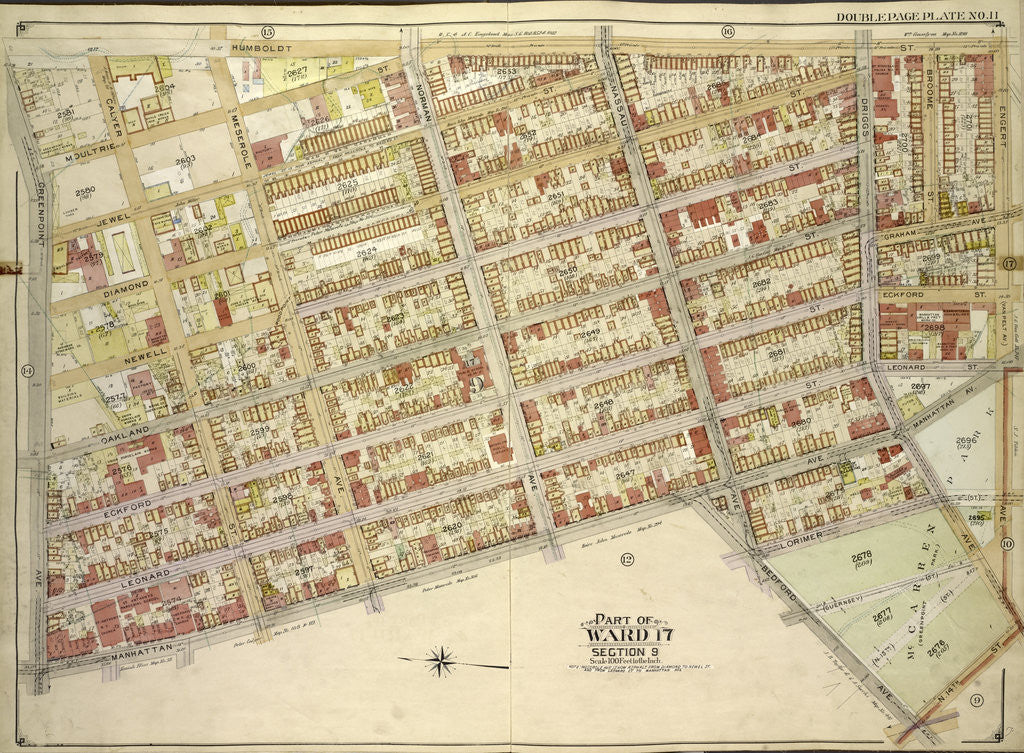 Detail of Map bounded by Humboldtdt St., Engert Ave., Bedford Ave; IncludingManhattan Ave., Greenpoint Ave., Calyer St., Meserole Ave., New York by Anonymous
