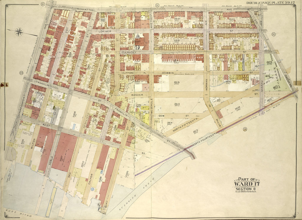 Detail of Map bounded by Manhattan Ave., Bedford Ave., North Fourteenth St; IncludingBushwick Creek, East River, Greenpoint Ave., New York by Anonymous
