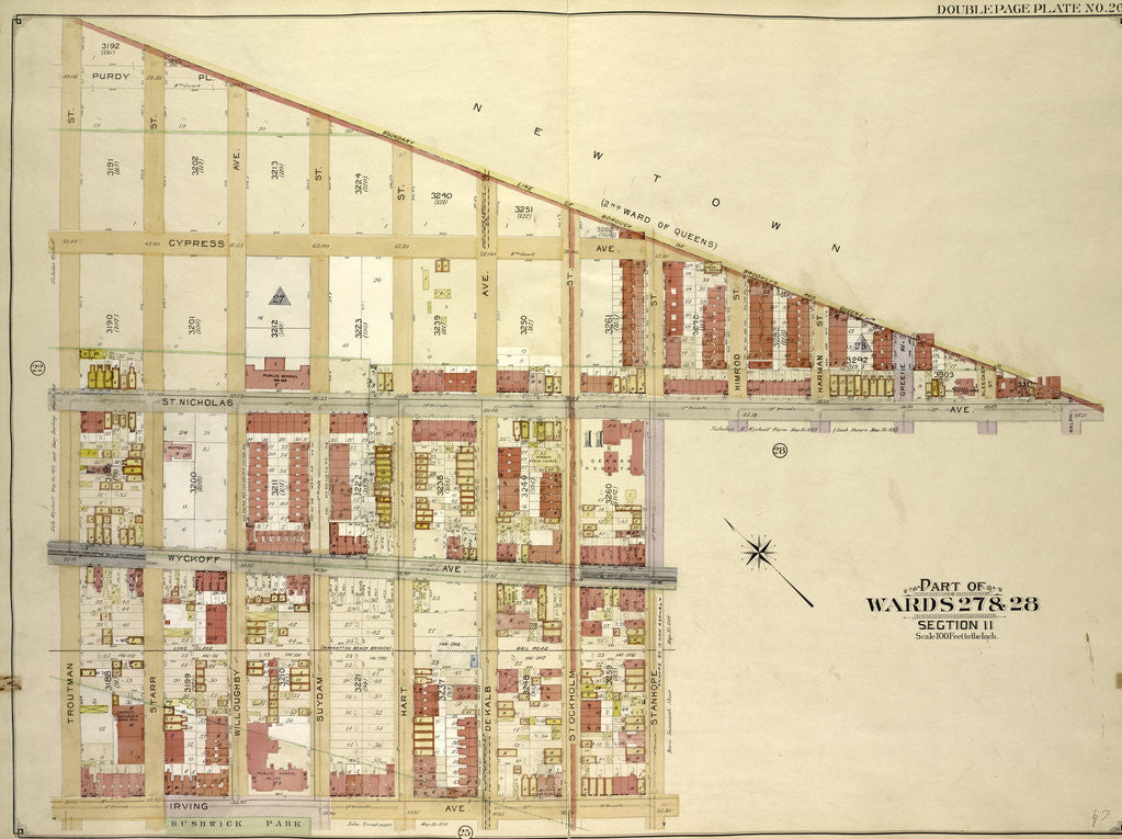 Detail of Map bounded by Boundry Line of Borough of Brooklyn and Queens, Ralph St., St.Nicholas Ave; Including Stanhope St., Irving Ave., Troutman St., New York by Anonymous