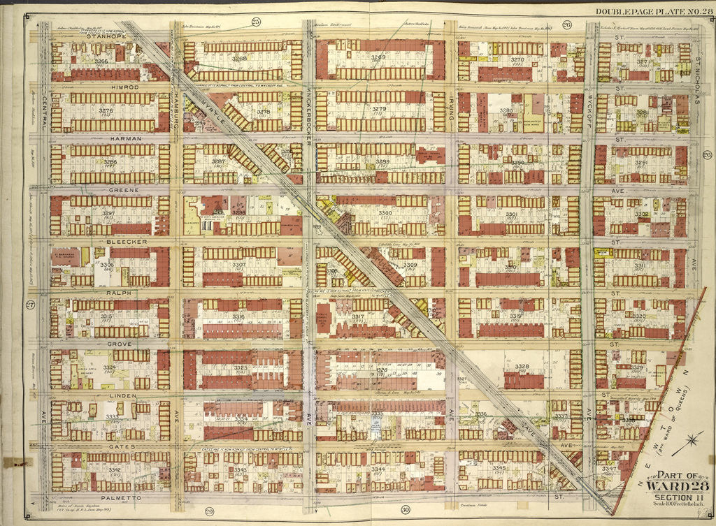 Detail of Map bounded by Stanhope St., St.Nicholas Ave., Boundary Line Borough of Brooklyn and Queens; Including Palmetto St., Central Ave., New York by Anonymous