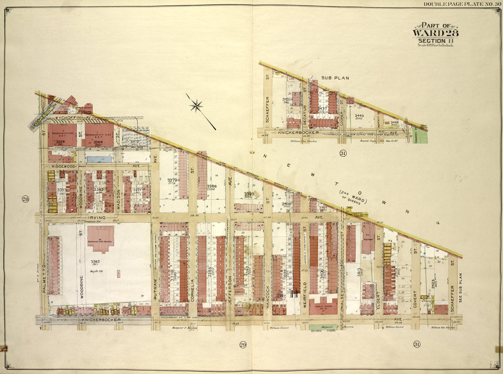 Detail of Map bounded by Boundry line of borough of Brooklyn and Queens, Schaeffer St., Kinckerbocker Ave; Including Palmetto St., Myrtle Ave; Sub Plan; map bounded by Schaeffer., New York by Anonymous