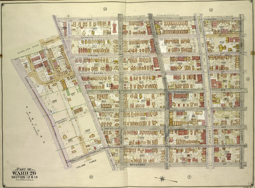 Detail of Map bounded by Ashford St., Liberty Ave., Bradford St., Jamaica Ave; Including Miller Ave., Highland Blvd., Warwick St., New York by Anonymous