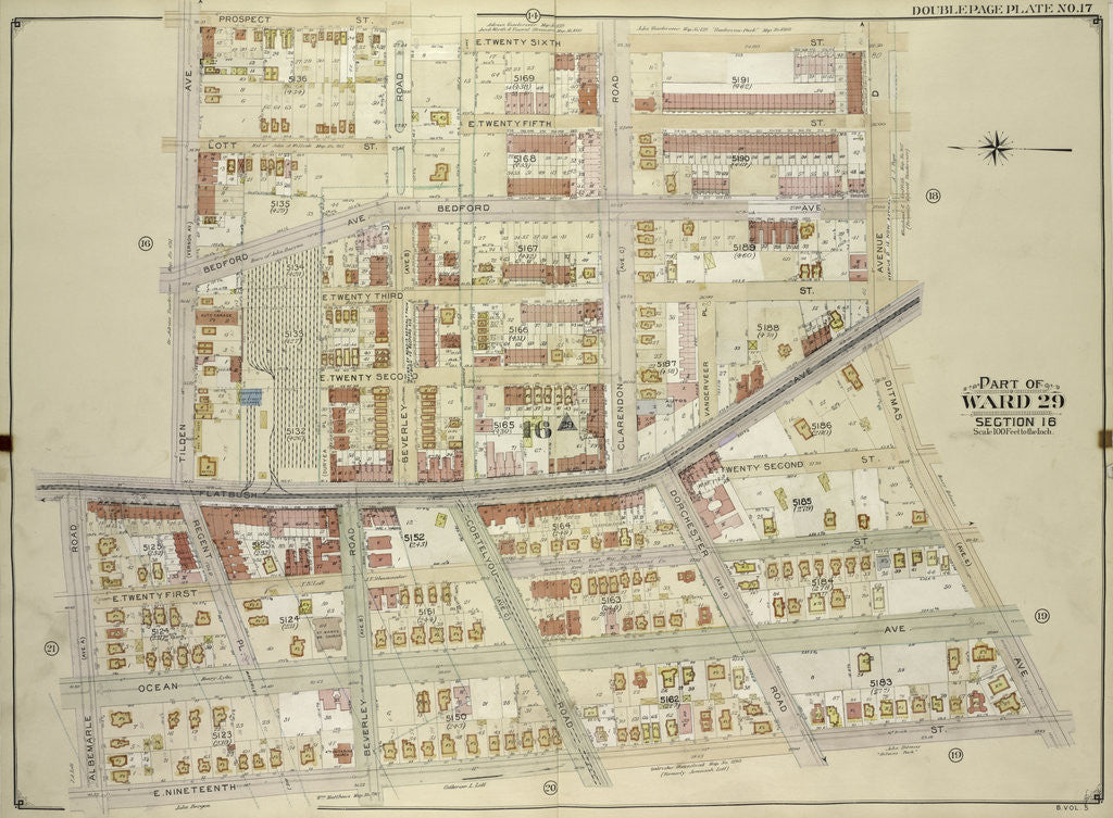 Detail of Map bounded by Prospect St., E 26th St., Avenue D, Ditmas Ave. Avenue E; Including E. 19th St., Albemarle Road Avenue A, Flatbush Ave., Tilden Ave., New York by Anonymous