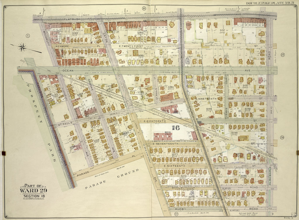 Detail of Map bounded by Flatbush Ave., Albemarle Road Avenue A, Rugby Road E. 14th St; Including Caton Ave. Johnson Ave., Parade Pl., Parkside Ave., Woodruff Ave., New York by Anonymous