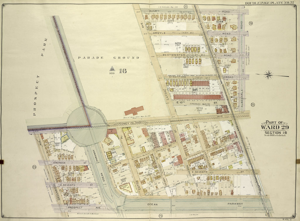 Detail of Map bounded by Rugby Road E. 14th St., Albemarle Road Avenue A, Church Ave., Church Lane, Ocean Parkway; Including Prospect Ave., Greenwood Ave., Parkside Ave., Cone., New York by Anonymous