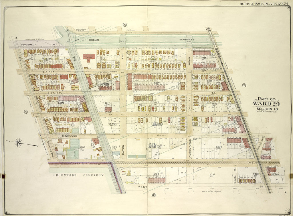 Detail of Map bounded by Ocean Parkway, Church Lane, West St., Fort Hamilton Ave; Including Gravesend Ave., Greenwood Ave., Prospect Ave., New York by Anonymous