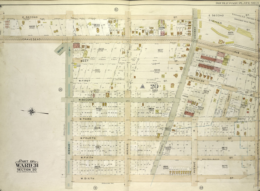 Detail of Map bounded by E. 2nd St., Avenue S, W. 6th St; Including Avenue P, Gravesend Ave., Avenue O., New York by Anonymous