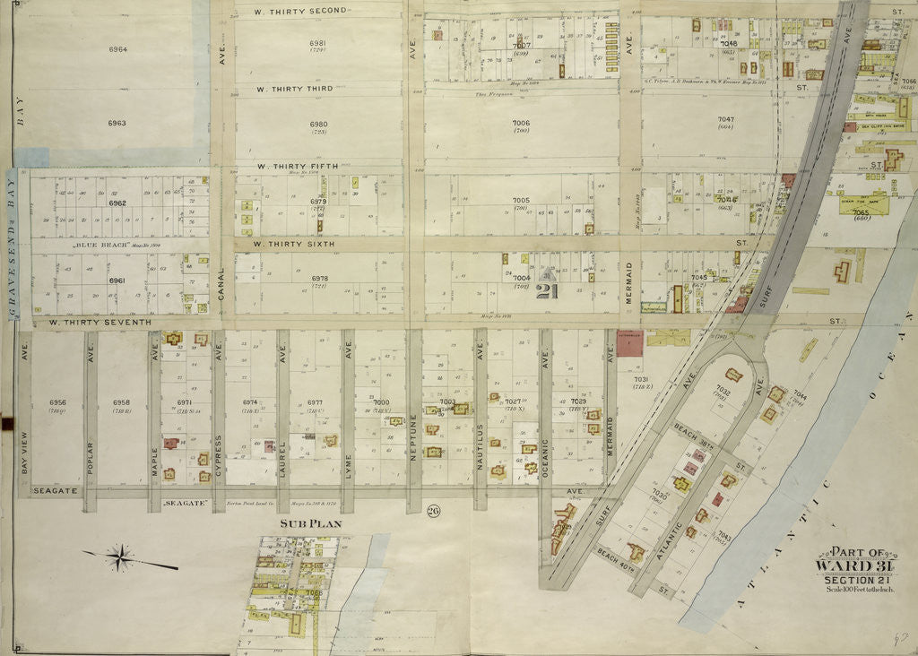 Detail of Map bounded by W. 32nd St., Atlantic Ocean, Beach 40th St; Including Surf Ave., Seagate Ave., Bay View Ave., Gravesend Bay, Canal Ave; Sub Plan, New York by Anonymous