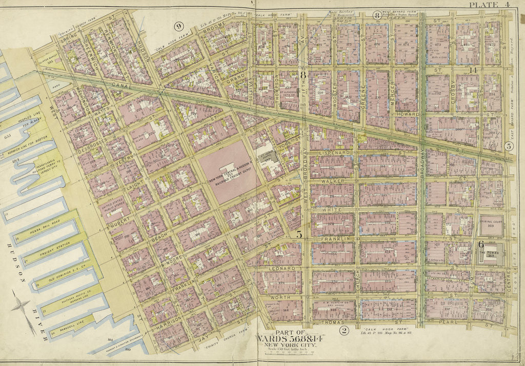 Detail of Map bounded by Spring St., Broome St., Centre St., Pearl St by Anonymous