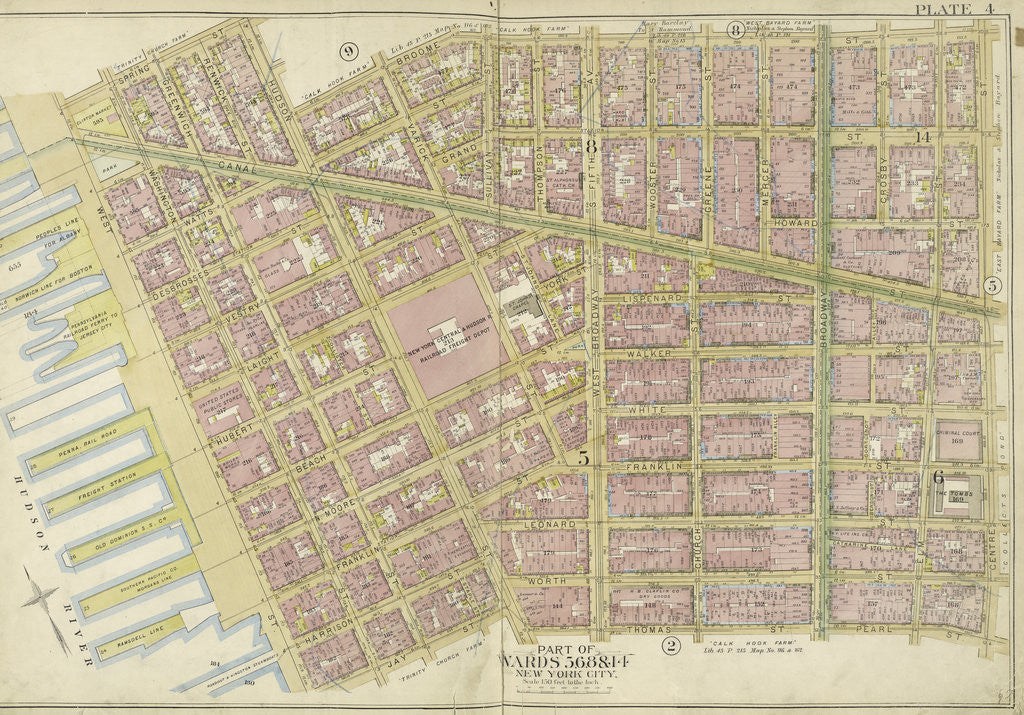 Detail of Map bounded by Spring St., Broome St., Centre St., Pearl St by Anonymous
