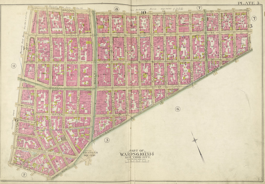 Detail of Map bounded by Broome St., Division St., Pearl St., Centre St., New York by Anonymous