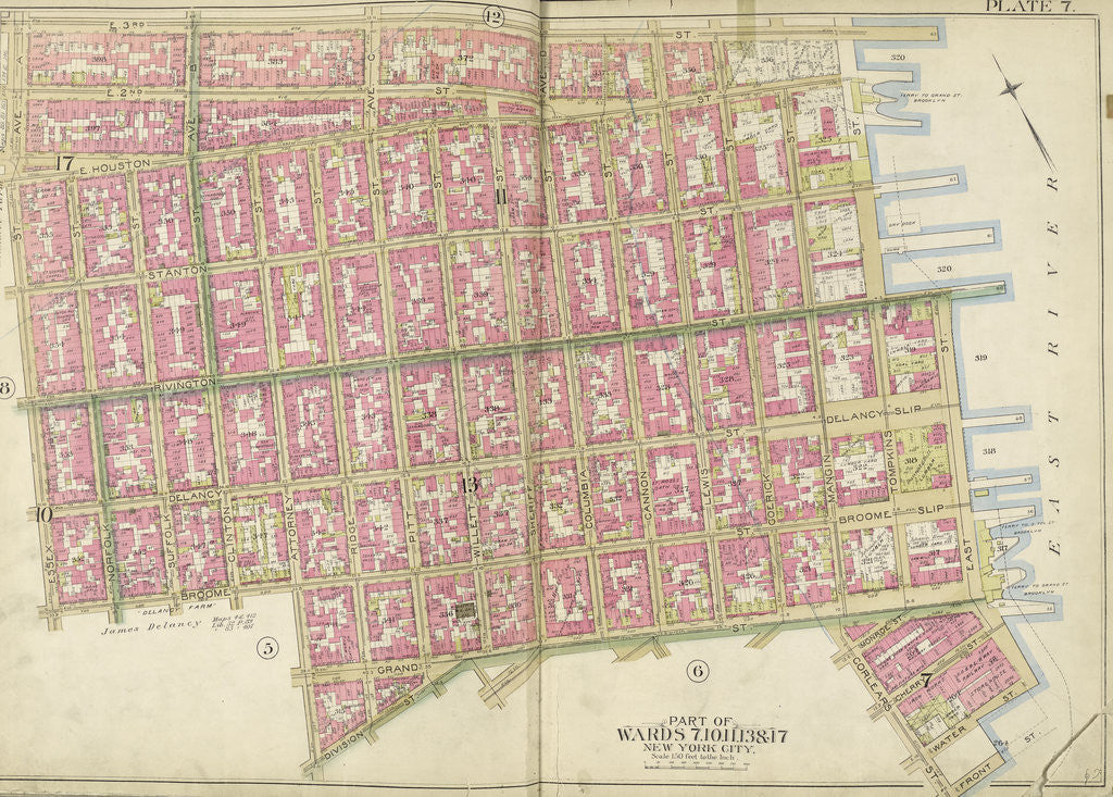 Detail of Map bounded by E. 3rd St., East River, Grand St., Essex St., New York by Anonymous
