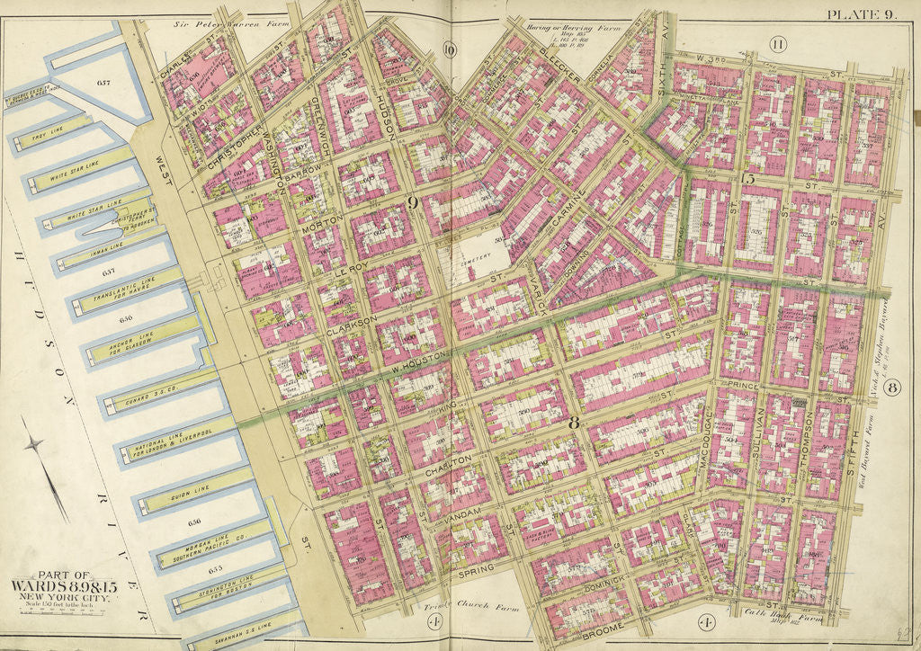 Detail of Map bounded by Charles St., W. 3rd St., S. 5th Ave., Broome St., Hudson River, New York by Anonymous