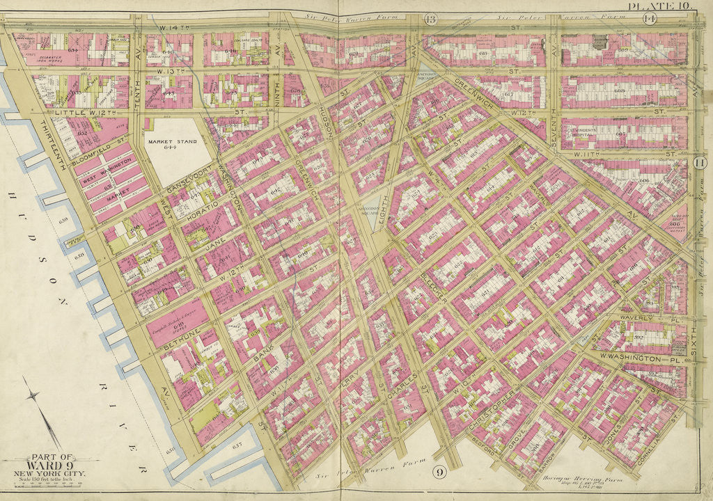 Detail of Map bounded by W. 14th St., 6th Ave., Bedford St., Hudson River, New York by Anonymous