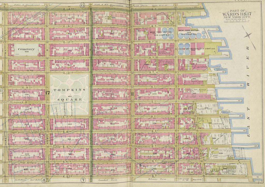 Detail of Map bounded by E. 14th St., East River, E. 3rd St., 1st Ave., New York by Anonymous