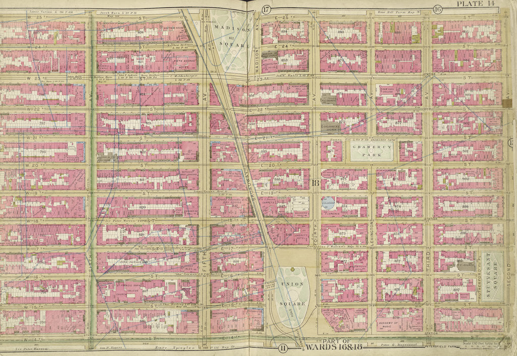 Detail of Map bounded by W. 25th St., 2nd Ave., E. 14th St., 7th Ave., New York by Anonymous