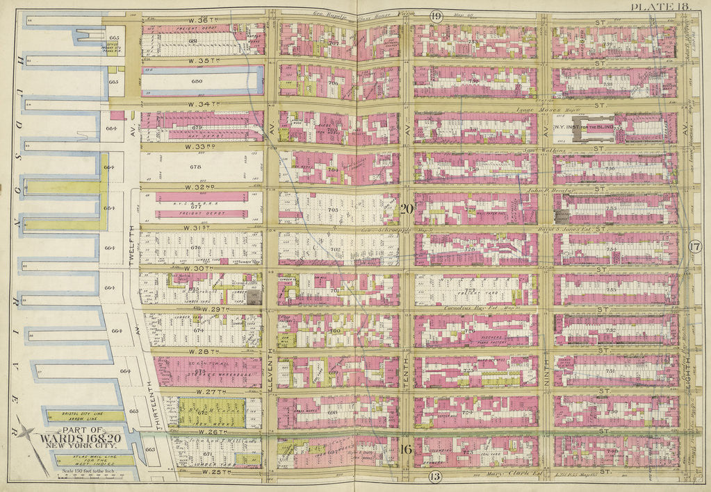 Detail of Map bounded by W. 36th St., 8th Ave., W. 25th St., Hudson River, New York by Anonymous