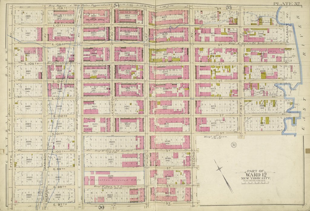 Detail of Map bounded by E. 108thSt., East River, E. 97thSt., 5th Ave., New York by Anonymous