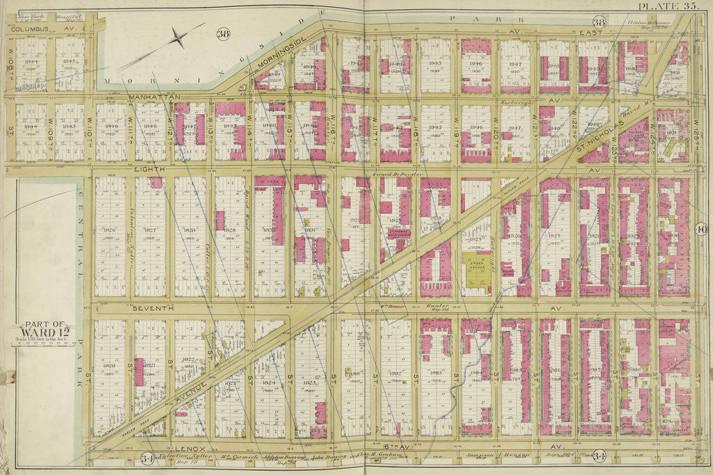 Detail of Map bounded by Manhattan Morningside Ave E., W. 125th St., Lenox Ave., W. 110th St., New York by Anonymous