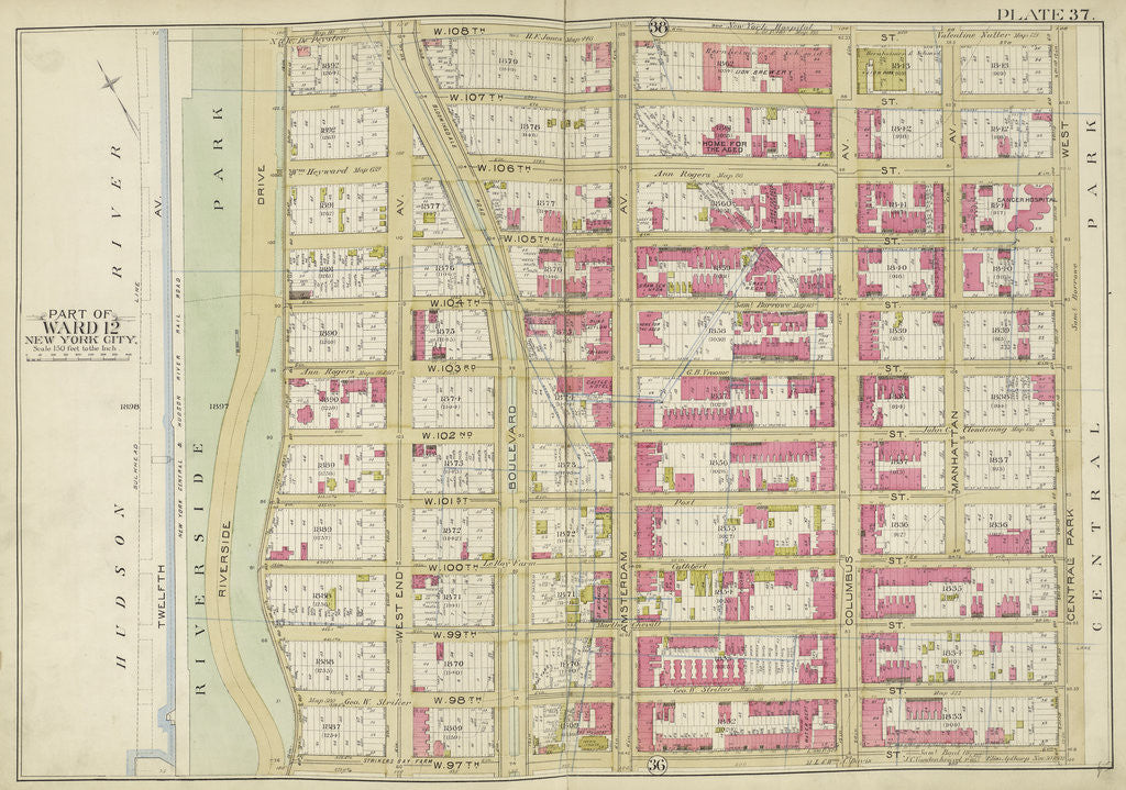 Detail of Map bounded by W. 108th St., Central Park W., W. 97th St., Hudson River, New York by Anonymous