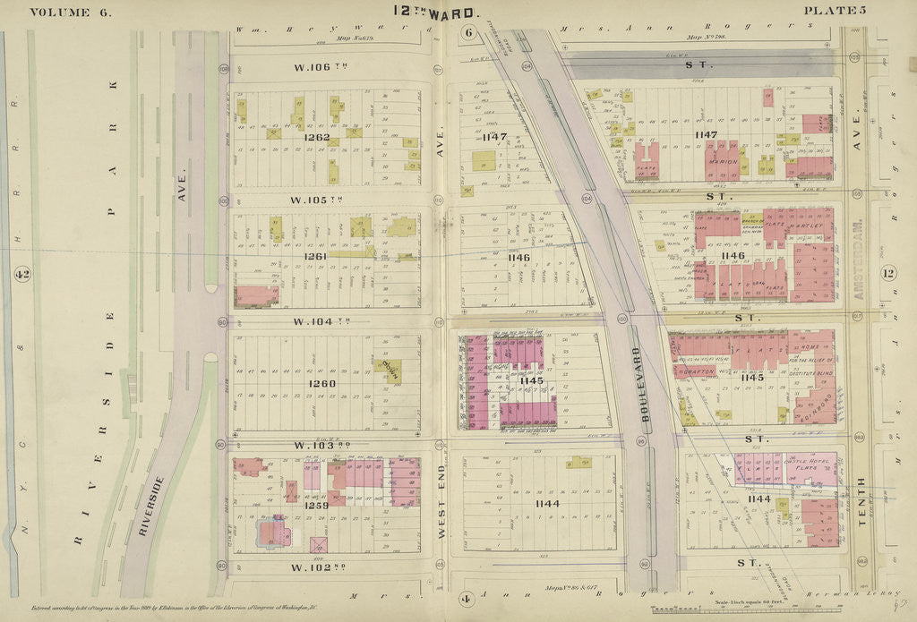 Detail of Map bounded by W. 106th St., 10th Ave., W. 102nd St., Riverside Ave., New York by Anonymous