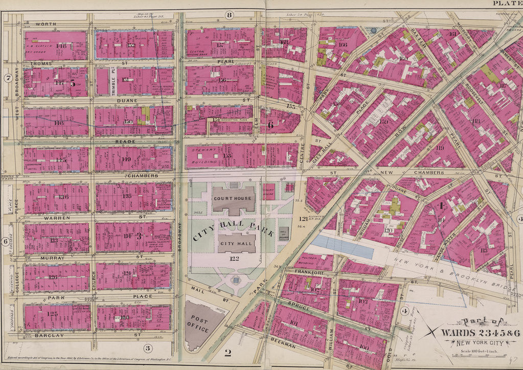 Detail of Map bounded by Worth St., New Bowery, Pearl St., Cold St., Beekman St., Barclay St., College Place, West Broadway, New York by Anonymous