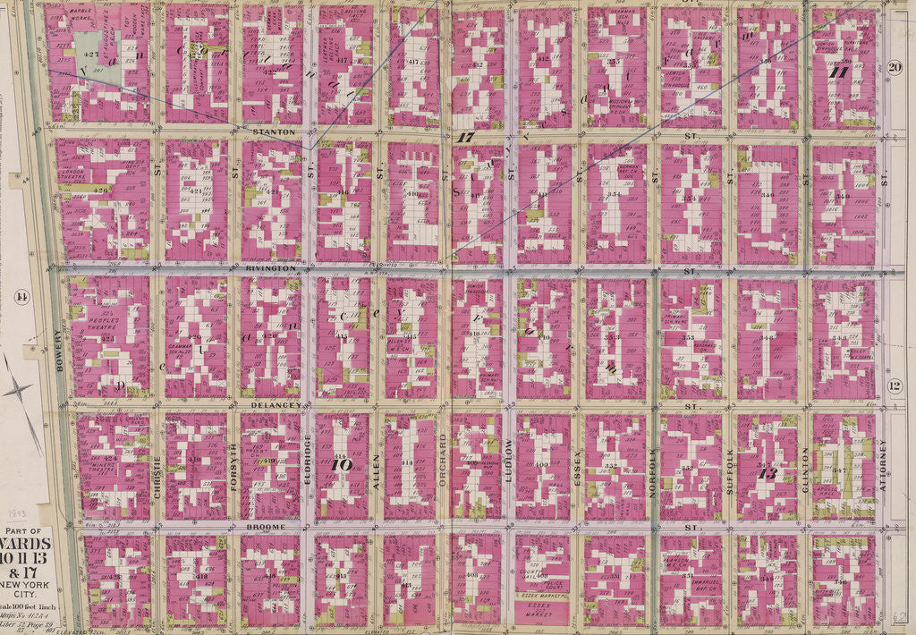 Detail of Map bounded by E. Houston St., Attorney St., Grand St., Bowery, New York by Anonymous