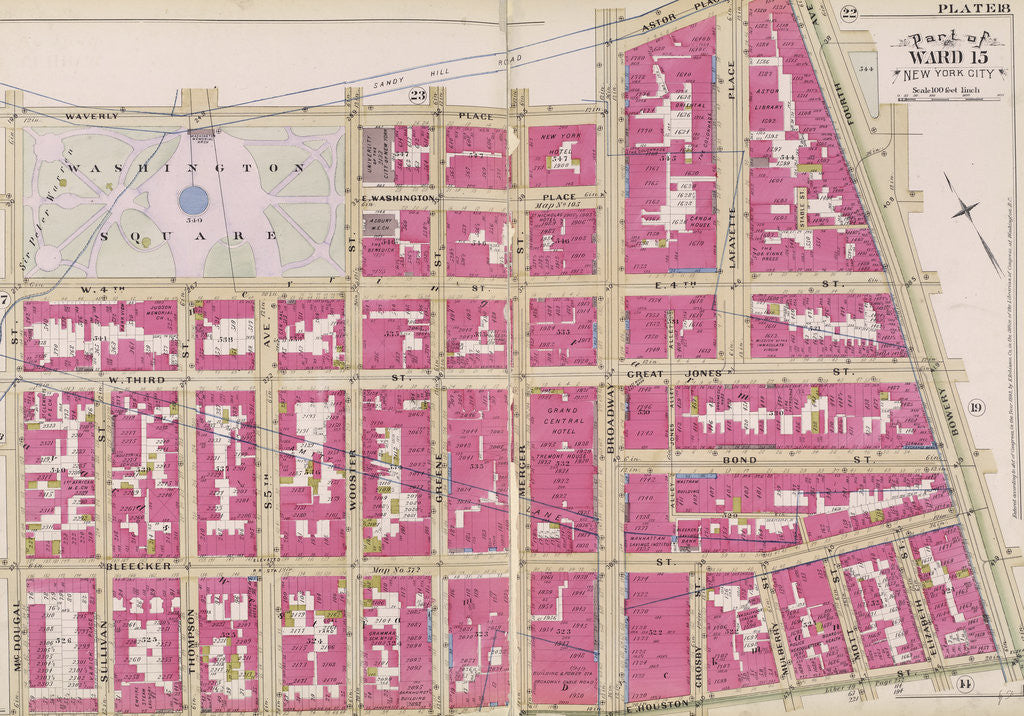 Detail of Map bounded by Waverly Place, Astor Place, Bowery, 4th Ave., E. Houston St., W. Houston St., Mac Dougal St., New York by Anonymous