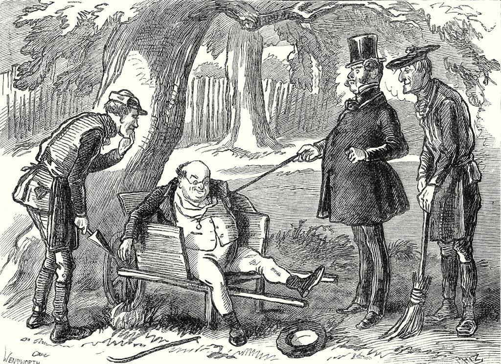 Detail of Pickwick Papers Who Are You You Rascal? Said the Captain Administering Several Pokes to Mr. Pickwick's Body with the Thick Stick. What's Your Name? by Anonymous